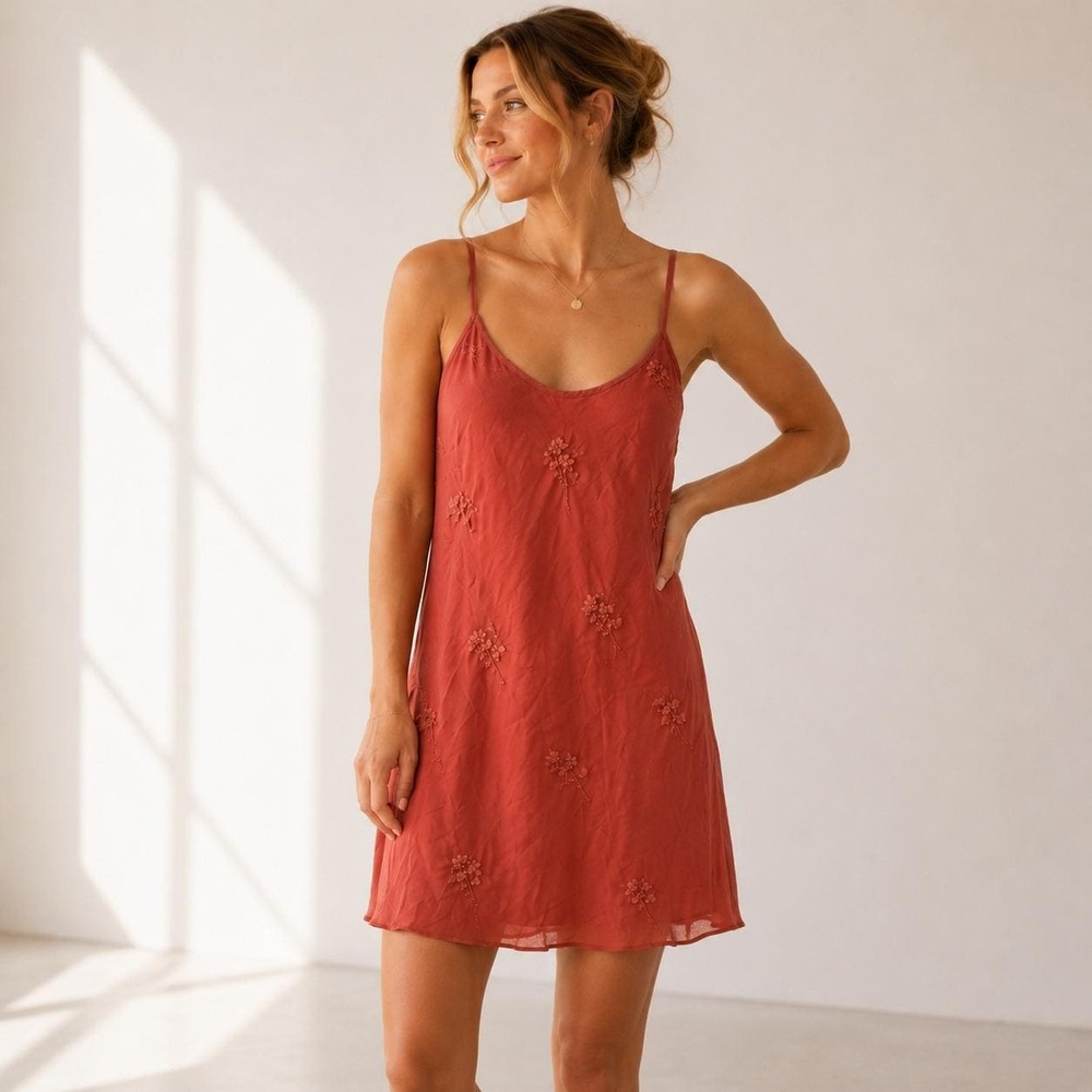 Valerie Stevens Floral Embroidered Slip Dress Womens Size M Pink Boho Mini Dress